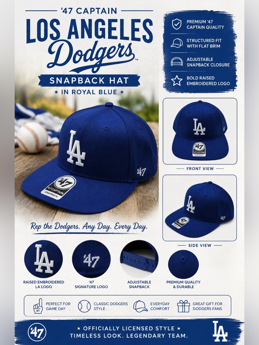 '47 - Captain Los Angeles Dodgers Snapback Hat in royal blue.
